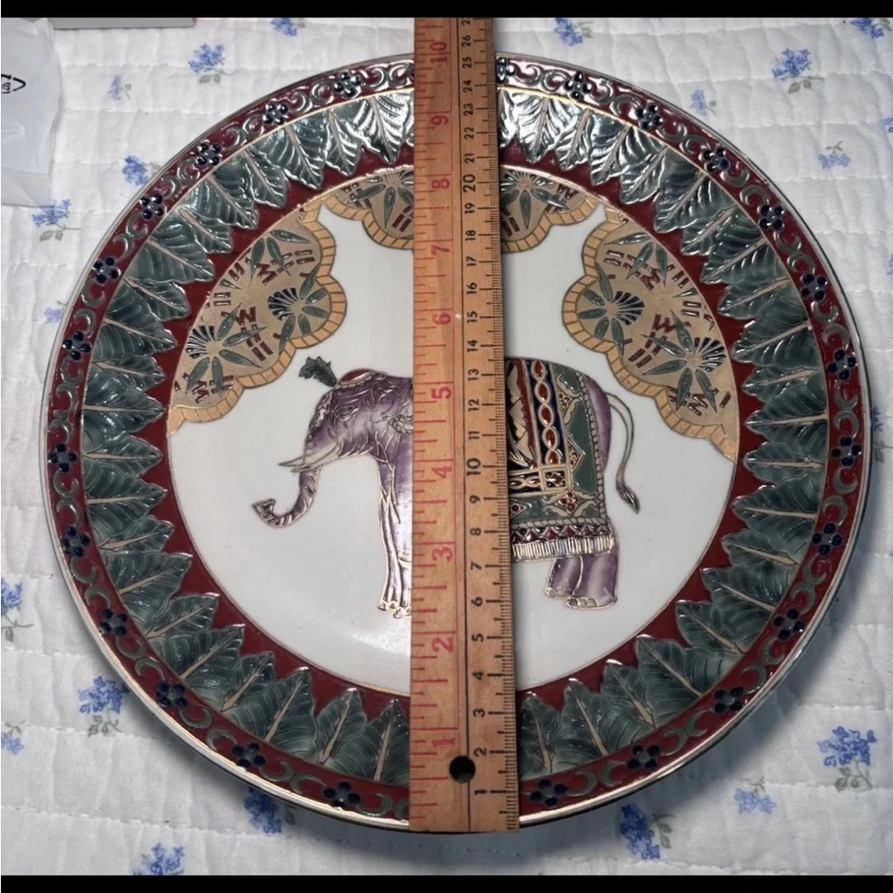 Elegant Elephant Decorative Plate with Red and Green Details